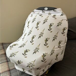 Two Car Seat Covers - White with Green Leaf Print & Grey Checkerboard